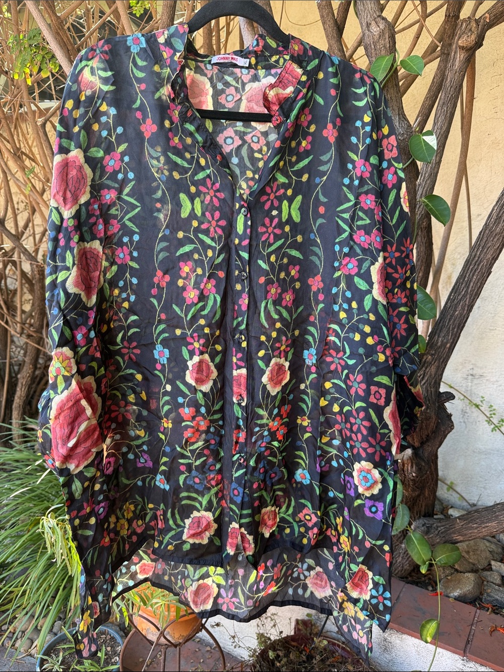 Johnny Was Black Sheer Silk Blouse with Multi-Color Floral Pattern